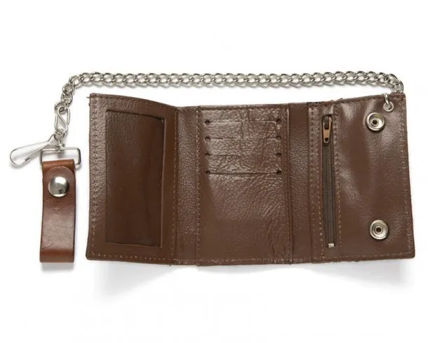 Cartera cuero marrón envejecido sin corchetes visibles con cadena