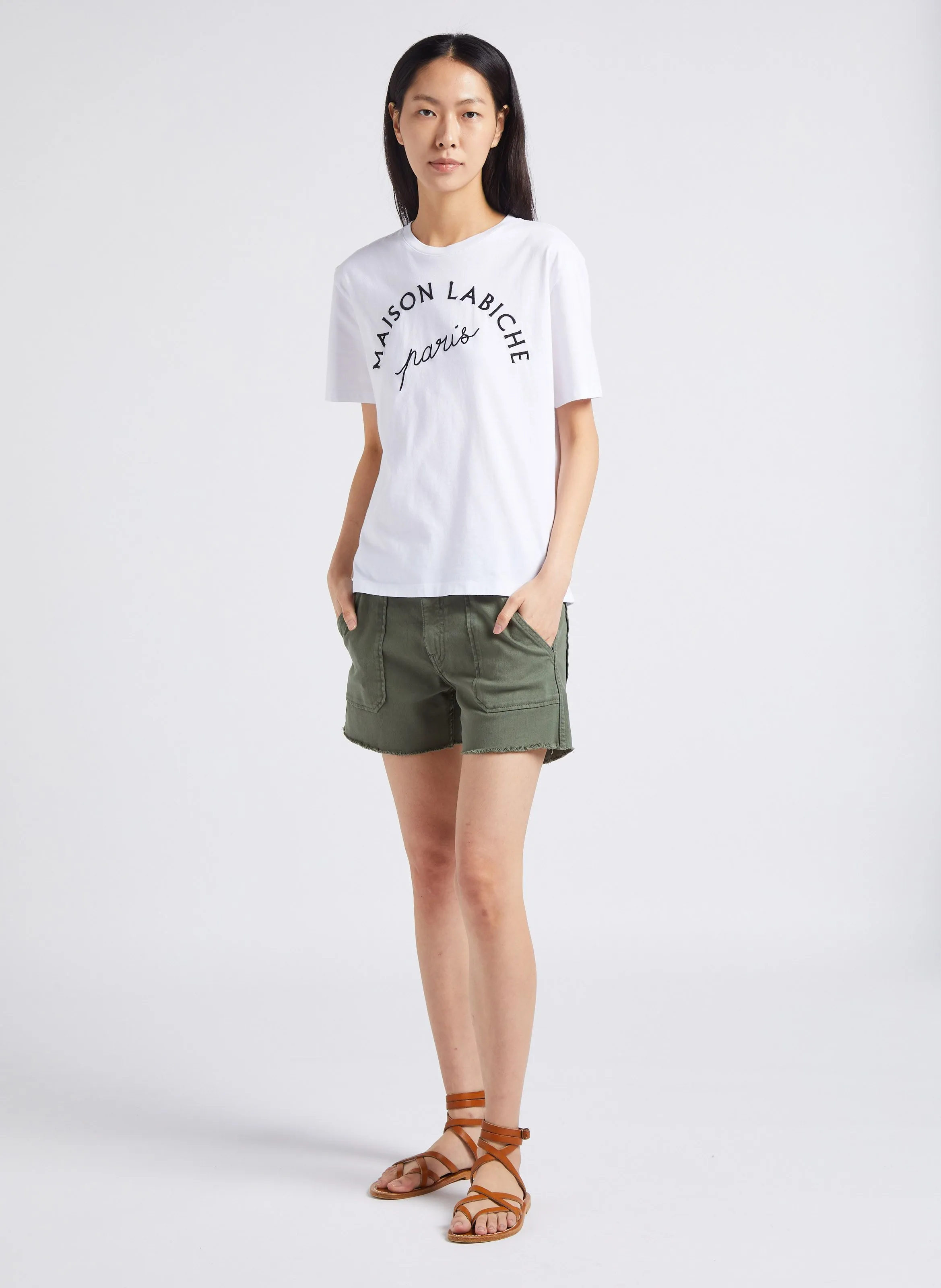 MAISON LABICHE POPINCOURT MLB PARIS - Camiseta recta de algodón orgánico con cuello redondo bordada en blanco